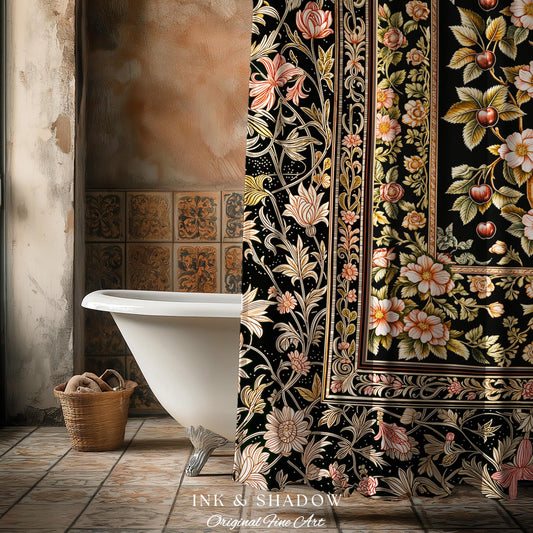 Maximalist Cherry Blossom Shower Curtain | Moody Gothic Garden Decor Romantic Floral Fruit Bathroom Accent Victorian Style Botanical Bath