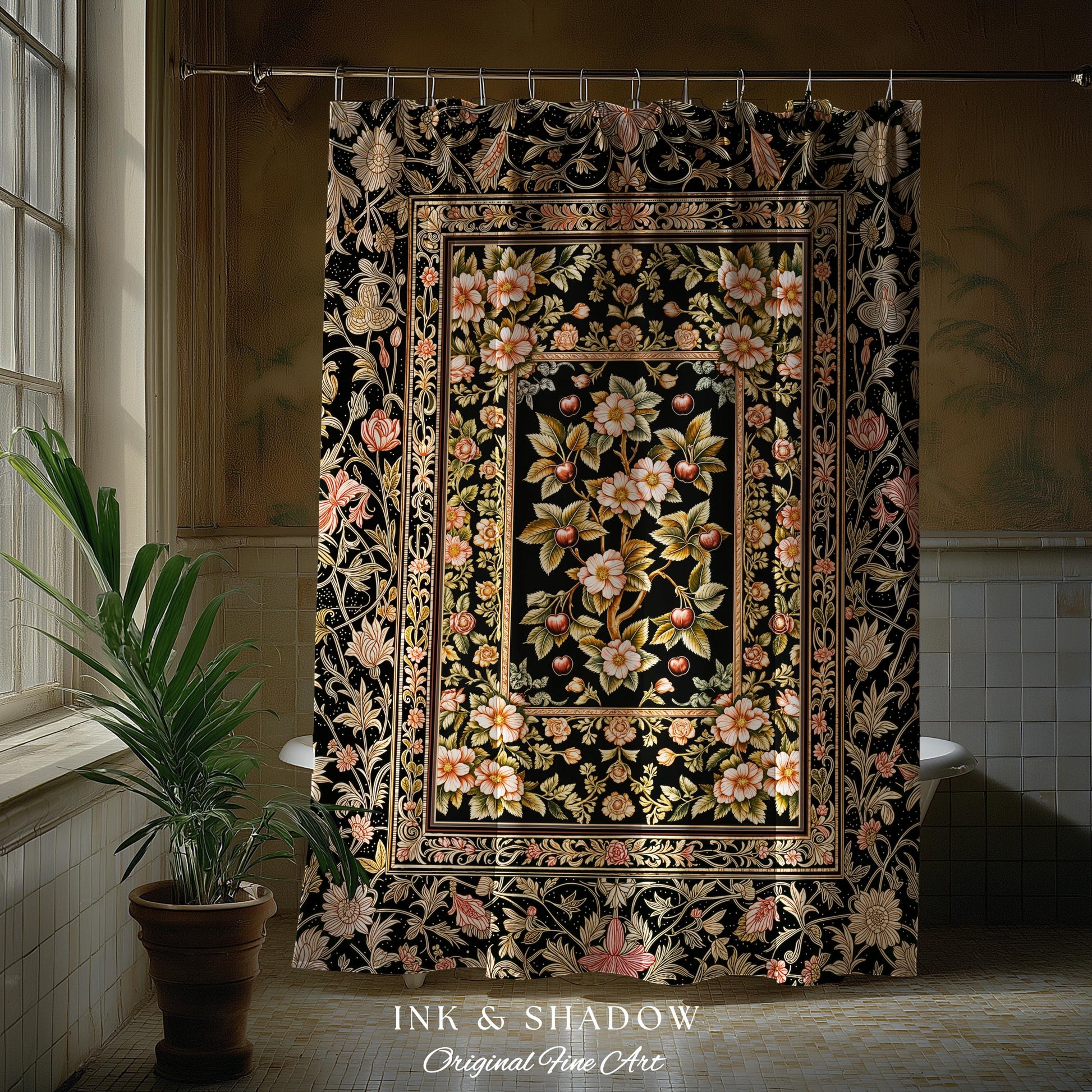 Maximalist Cherry Blossom Shower Curtain | Moody Gothic Garden Decor Romantic Floral Fruit Bathroom Accent Victorian Style Botanical Bath