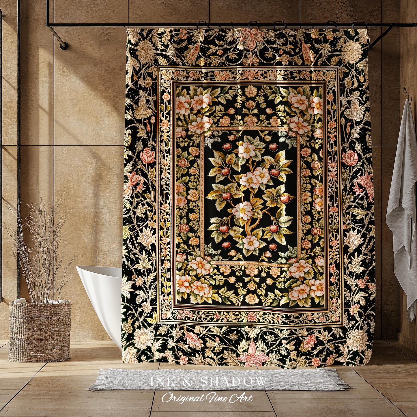 Maximalist Cherry Blossom Shower Curtain | Moody Gothic Garden Decor Romantic Floral Fruit Bathroom Accent Victorian Style Botanical Bath