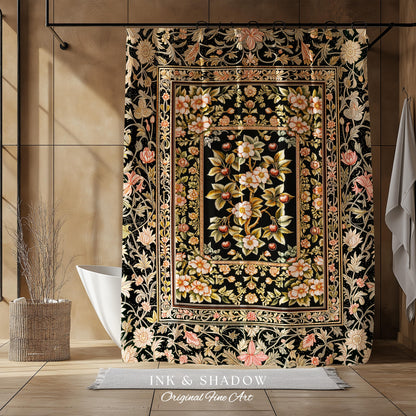 Maximalist Cherry Blossom Shower Curtain | Moody Gothic Garden Decor Romantic Floral Fruit Bathroom Accent Victorian Style Botanical Bath