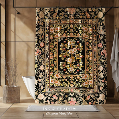 Maximalist Cherry Blossom Shower Curtain | Moody Gothic Garden Decor Romantic Floral Fruit Bathroom Accent Victorian Style Botanical Bath