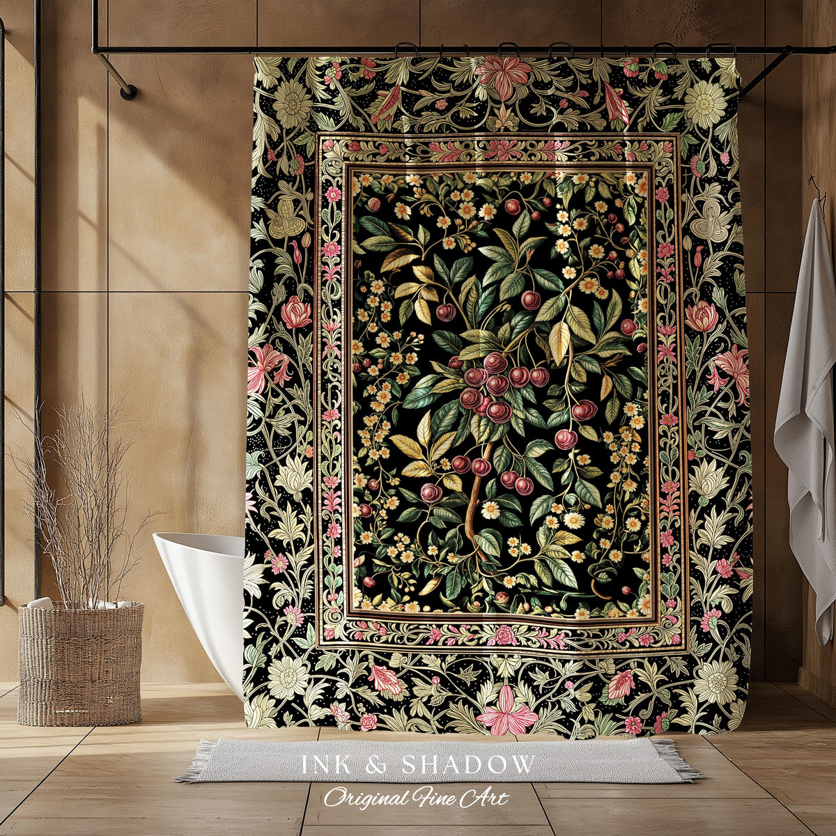 Gothic Elegance Cherry Shower Curtain | Victorian Cottagecore Decor Baroque Floral Style Gothic Garden Romantic Dark Aesthetic Bathroom |