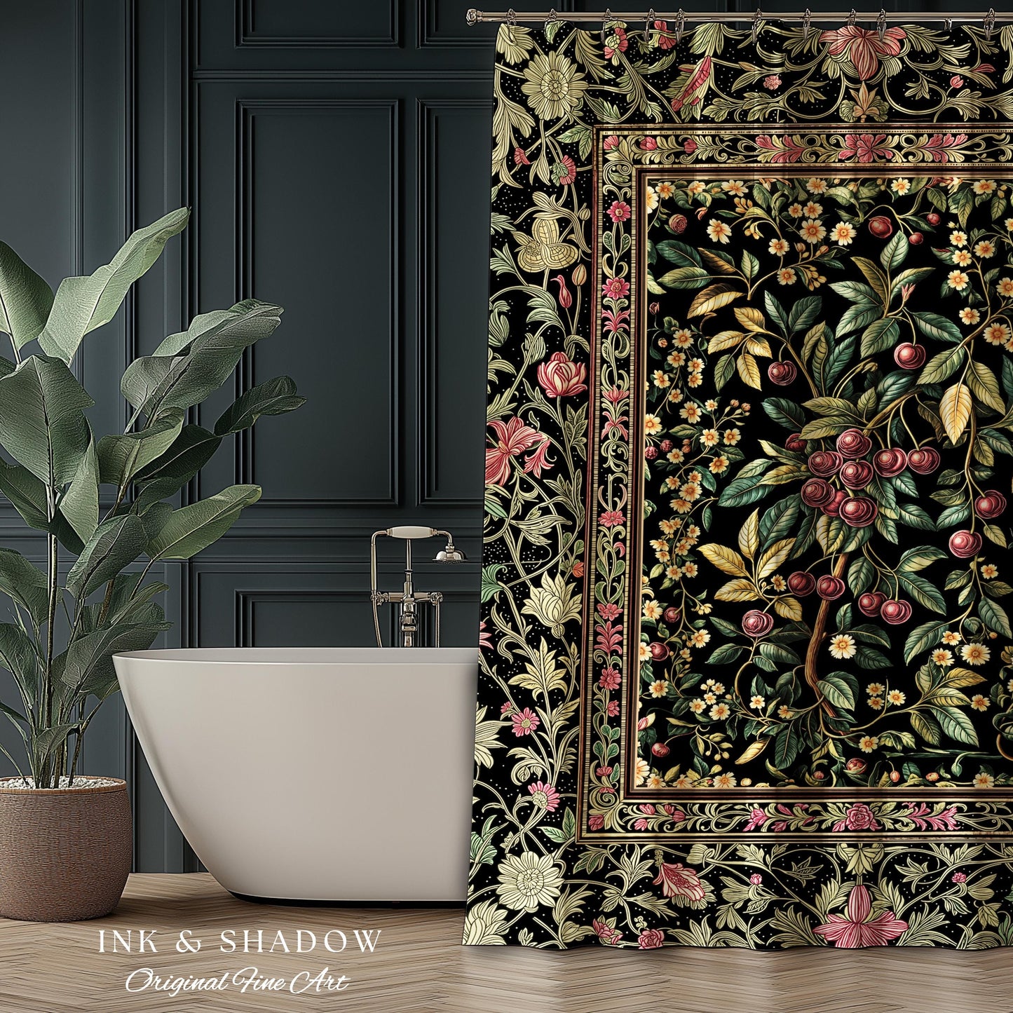 Gothic Elegance Cherry Shower Curtain | Victorian Cottagecore Decor Baroque Floral Style Gothic Garden Romantic Dark Aesthetic Bathroom |
