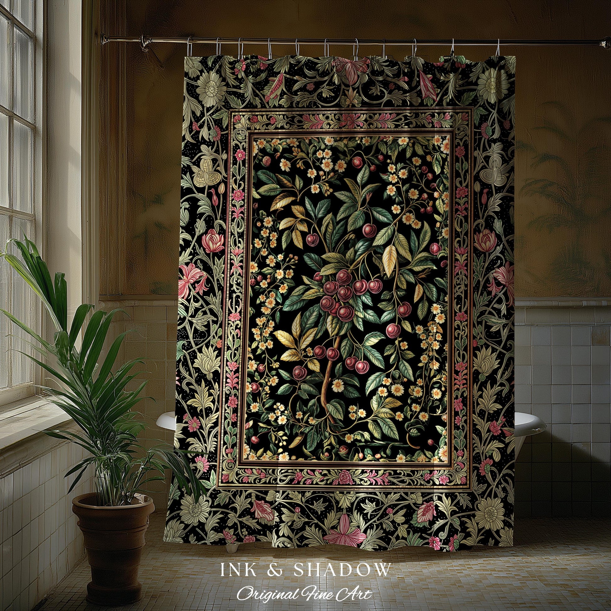 Gothic Elegance Cherry Shower Curtain | Victorian Cottagecore Decor Baroque Floral Style Gothic Garden Romantic Dark Aesthetic Bathroom |