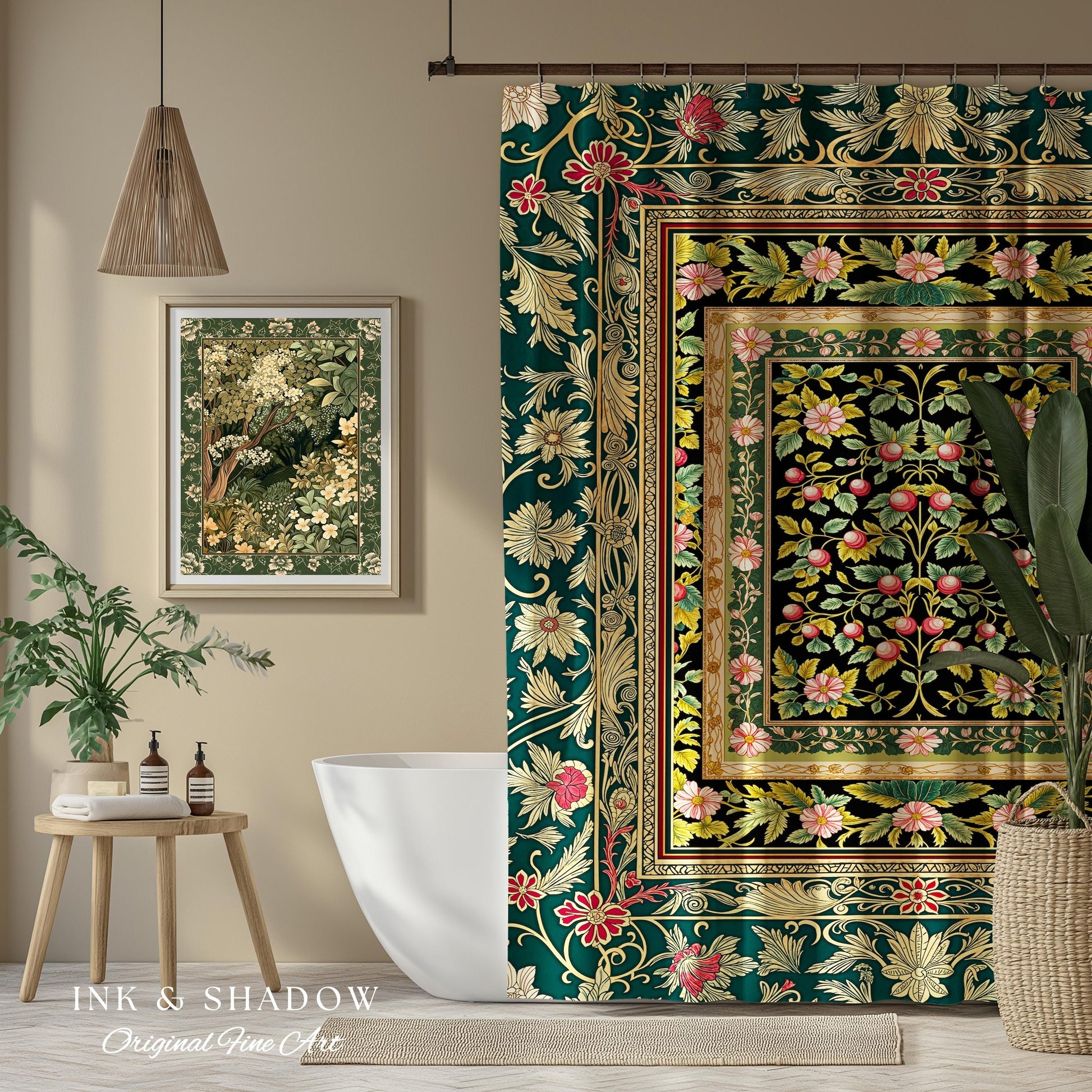 Botanical Abundance Gothic Shower Curtain | Baroque Rococo Garden Design Romantic Floral Bathroom Accent Romantic Dark Cottagecore Decor