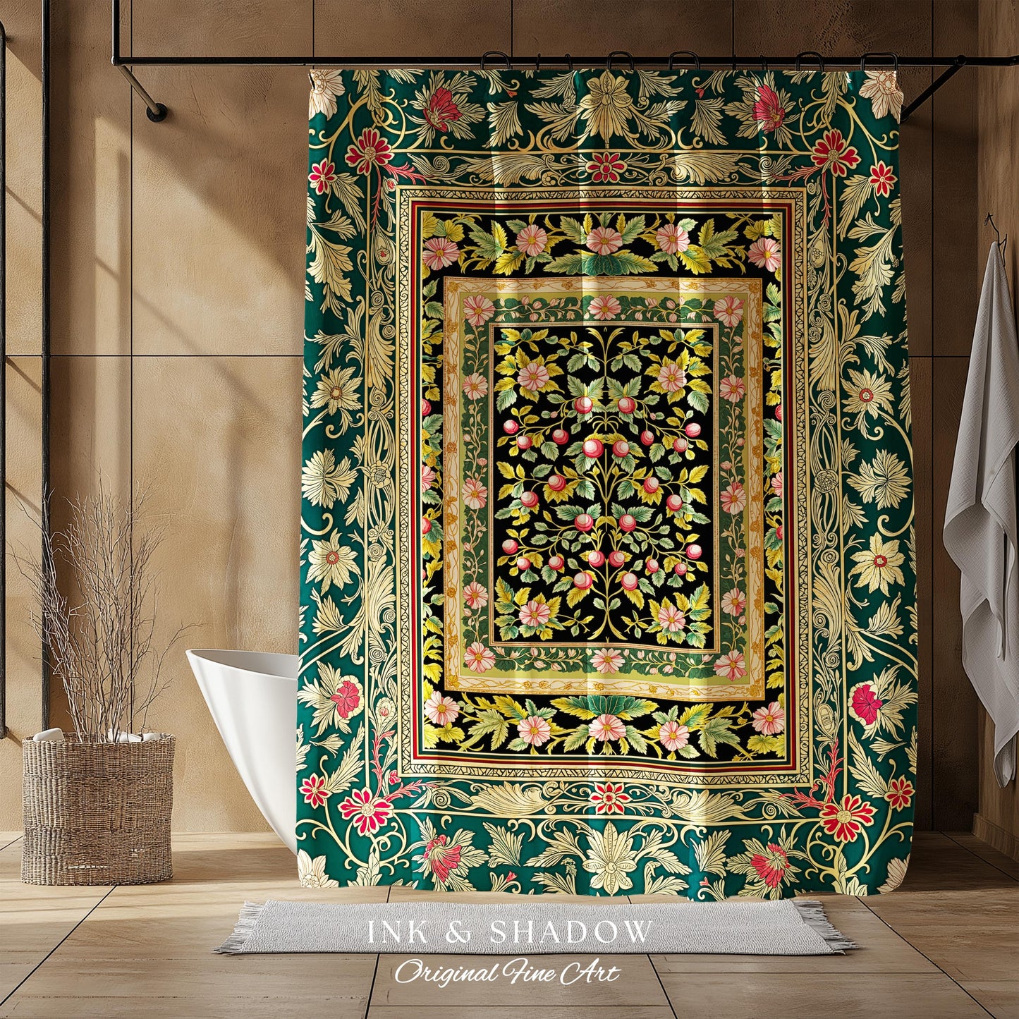 Botanical Abundance Gothic Shower Curtain | Baroque Rococo Garden Design Romantic Floral Bathroom Accent Romantic Dark Cottagecore Decor