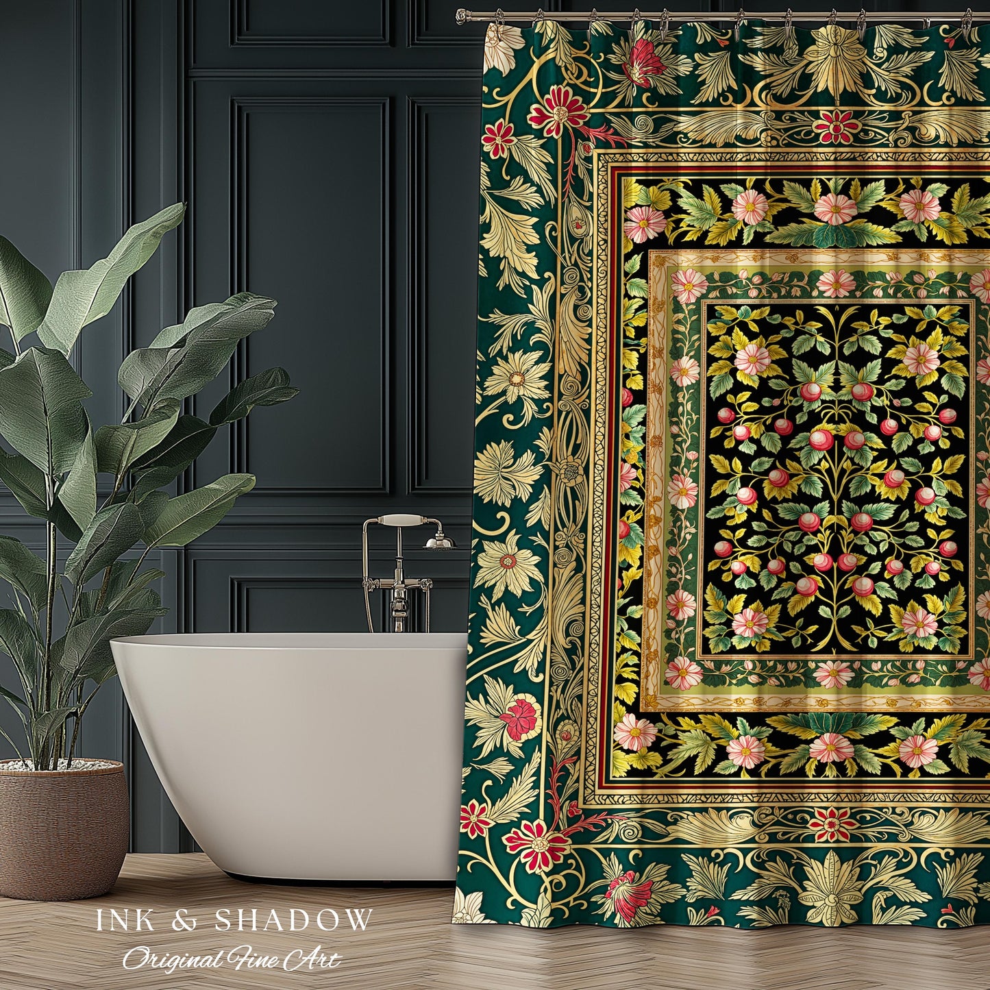 Botanical Abundance Gothic Shower Curtain | Baroque Rococo Garden Design Romantic Floral Bathroom Accent Romantic Dark Cottagecore Decor