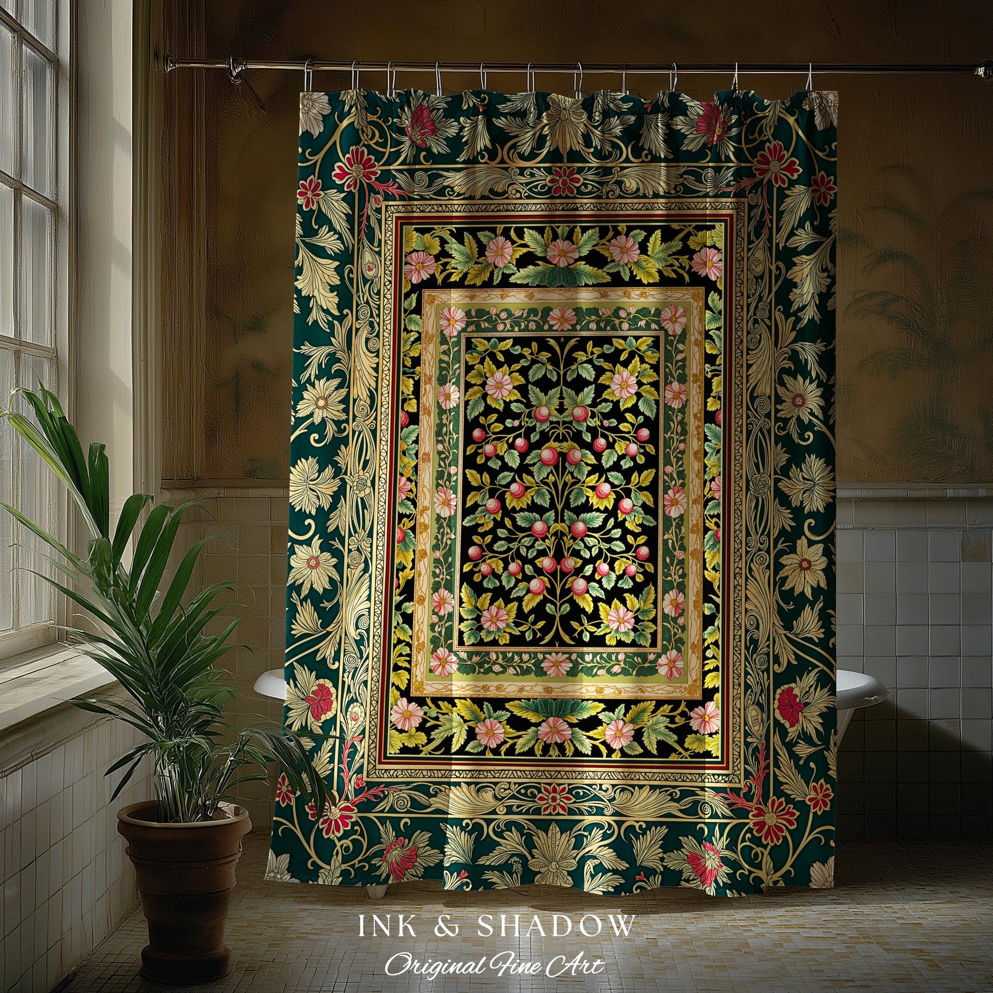 Botanical Abundance Gothic Shower Curtain | Baroque Rococo Garden Design Romantic Floral Bathroom Accent Romantic Dark Cottagecore Decor