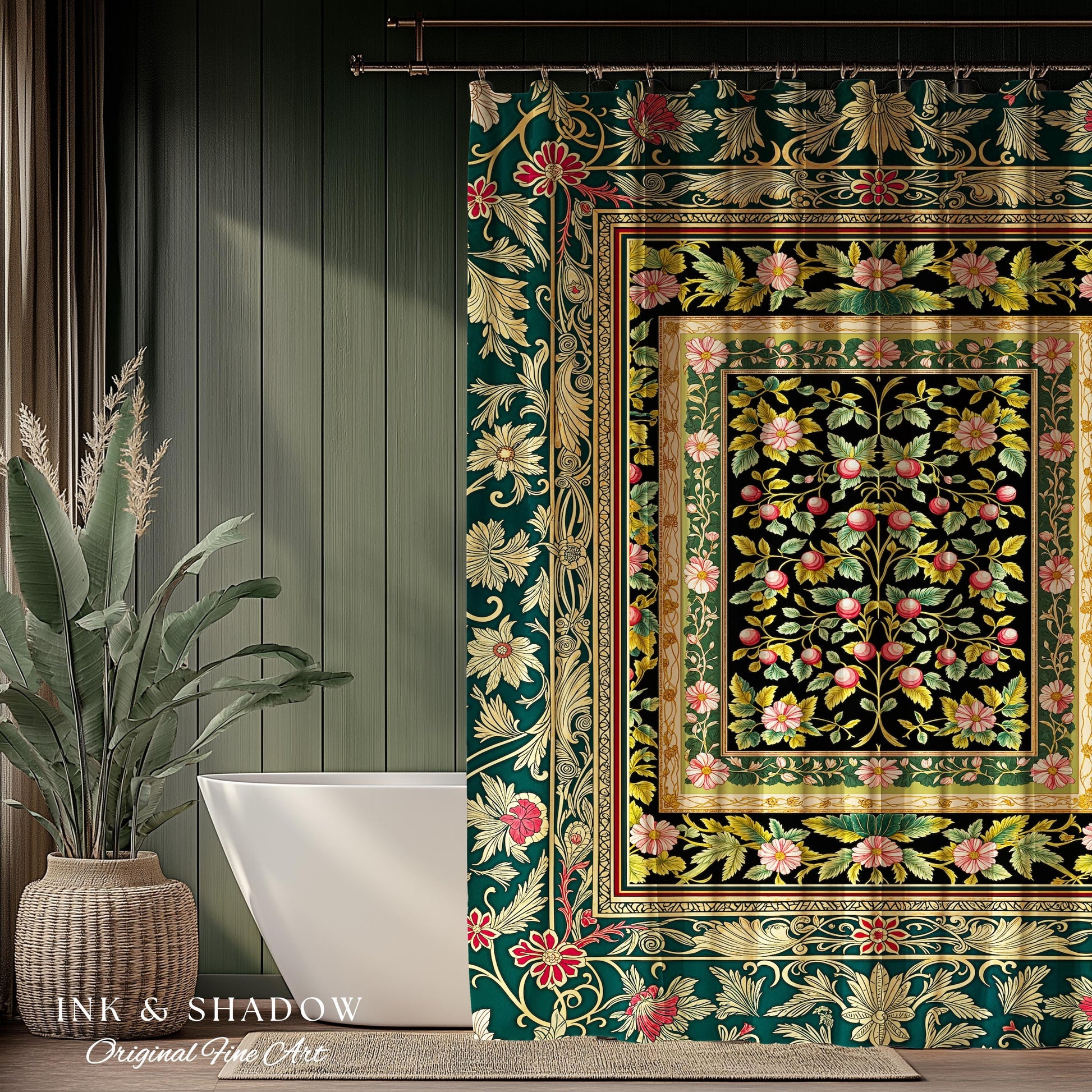 Botanical Abundance Gothic Shower Curtain | Baroque Rococo Garden Design Romantic Floral Bathroom Accent Romantic Dark Cottagecore Decor