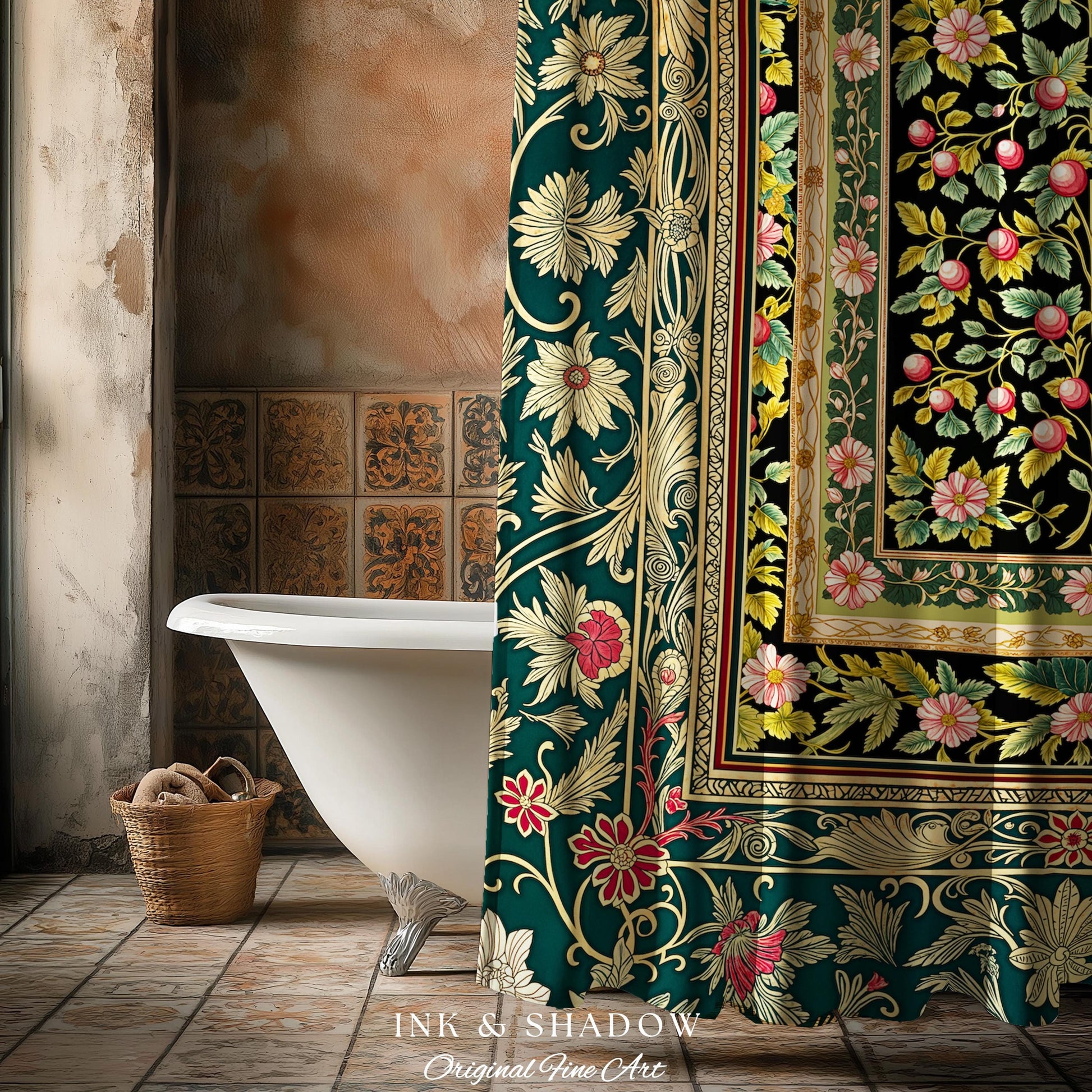 Botanical Abundance Gothic Shower Curtain | Baroque Rococo Garden Design Romantic Floral Bathroom Accent Romantic Dark Cottagecore Decor