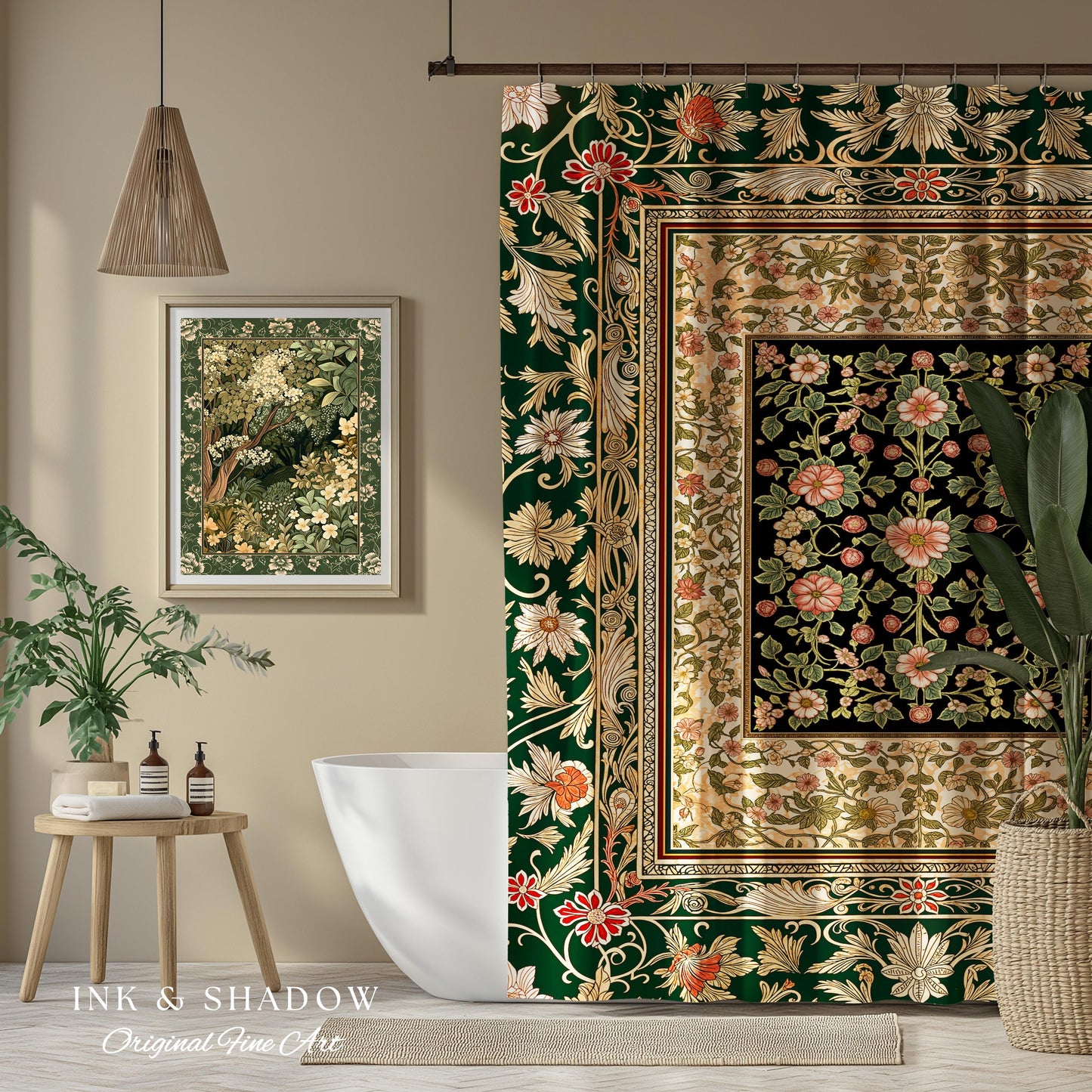 Victorian Garden Floral Shower Curtain | Romantic Rococo Botanical Bathroom Accent Baroque Pattern Heritage Decor Cottagecore Toned Interior