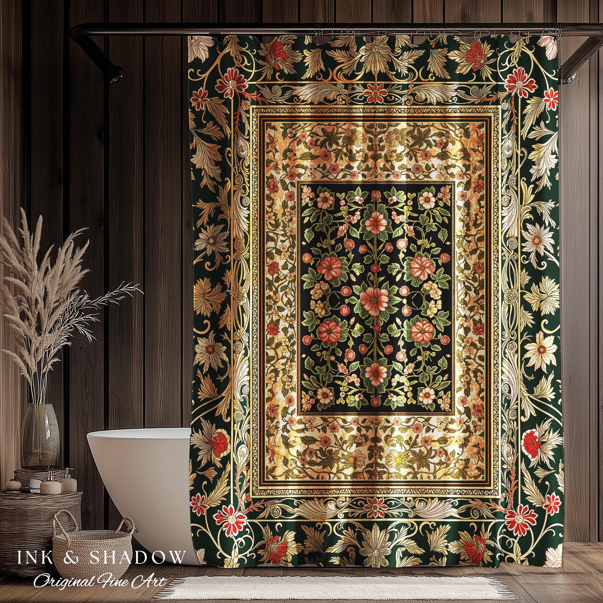 Victorian Garden Floral Shower Curtain | Romantic Rococo Botanical Bathroom Accent Baroque Pattern Heritage Decor Cottagecore Toned Interior