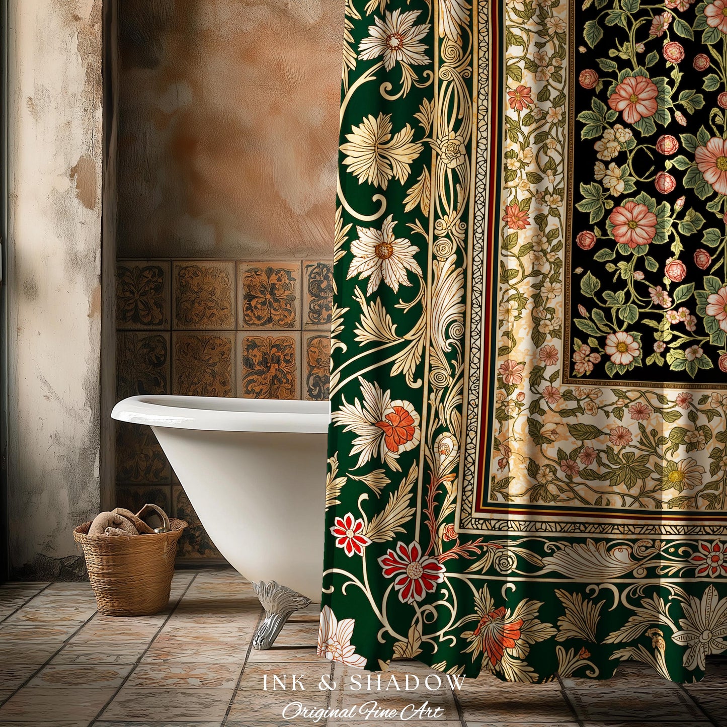 Victorian Garden Floral Shower Curtain | Romantic Rococo Botanical Bathroom Accent Baroque Pattern Heritage Decor Cottagecore Toned Interior