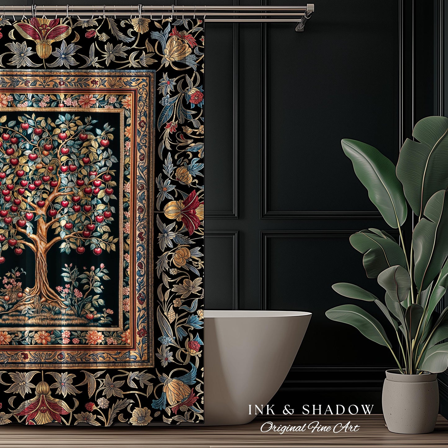Medieval Cherry Tree of Life Shower Curtain | Baroque Botanical Pattern Romantic Gothic Style Garden Fruit Accent Maximalist Bathroom Decor
