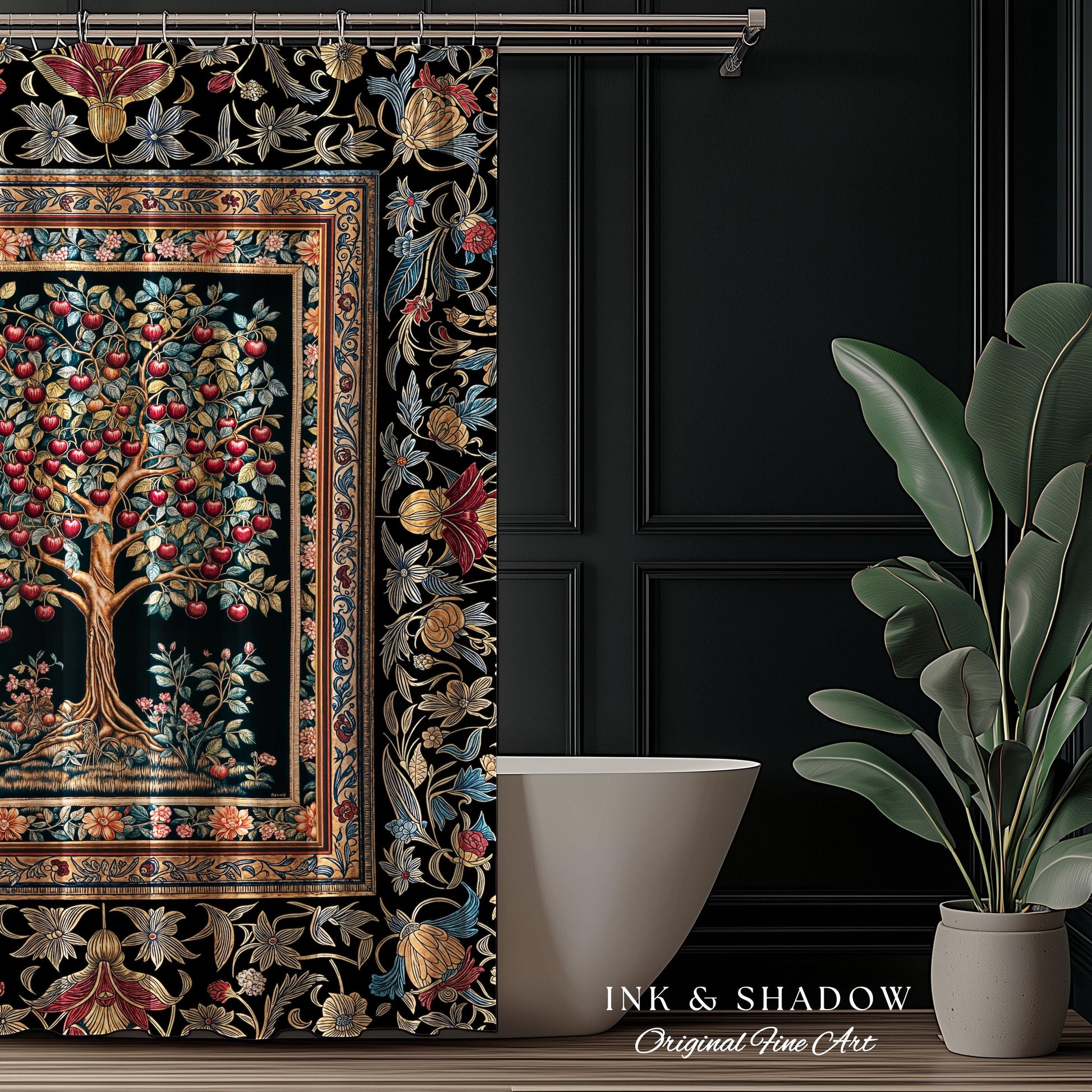 Medieval Cherry Tree of Life Shower Curtain | Baroque Botanical Pattern Romantic Gothic Style Garden Fruit Accent Maximalist Bathroom Decor