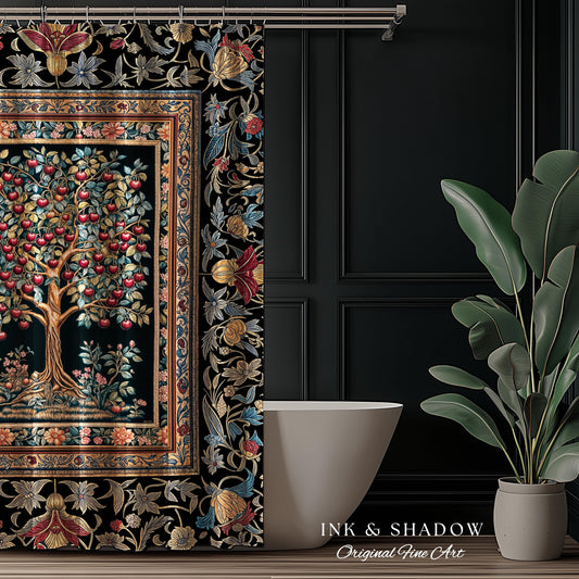 Medieval Cherry Tree of Life Shower Curtain | Baroque Botanical Pattern Romantic Gothic Style Garden Fruit Accent Maximalist Bathroom Decor