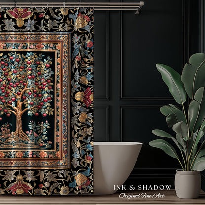 Medieval Cherry Tree of Life Shower Curtain | Baroque Botanical Pattern Romantic Gothic Style Garden Fruit Accent Maximalist Bathroom Decor