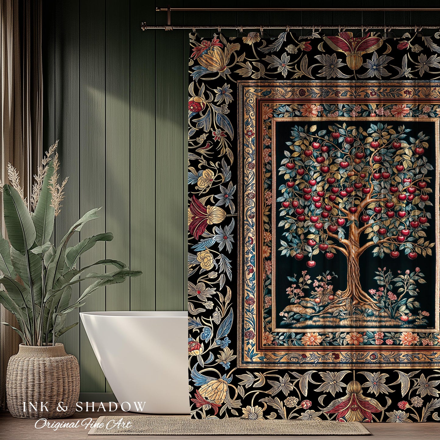 Medieval Cherry Tree of Life Shower Curtain | Baroque Botanical Pattern Romantic Gothic Style Garden Fruit Accent Maximalist Bathroom Decor
