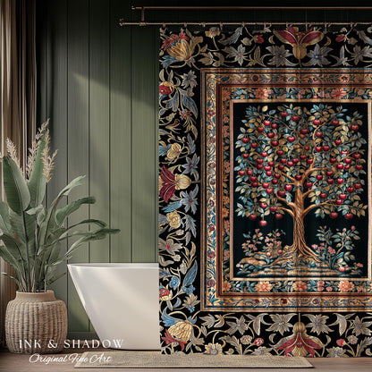 Medieval Cherry Tree of Life Shower Curtain | Baroque Botanical Pattern Romantic Gothic Style Garden Fruit Accent Maximalist Bathroom Decor