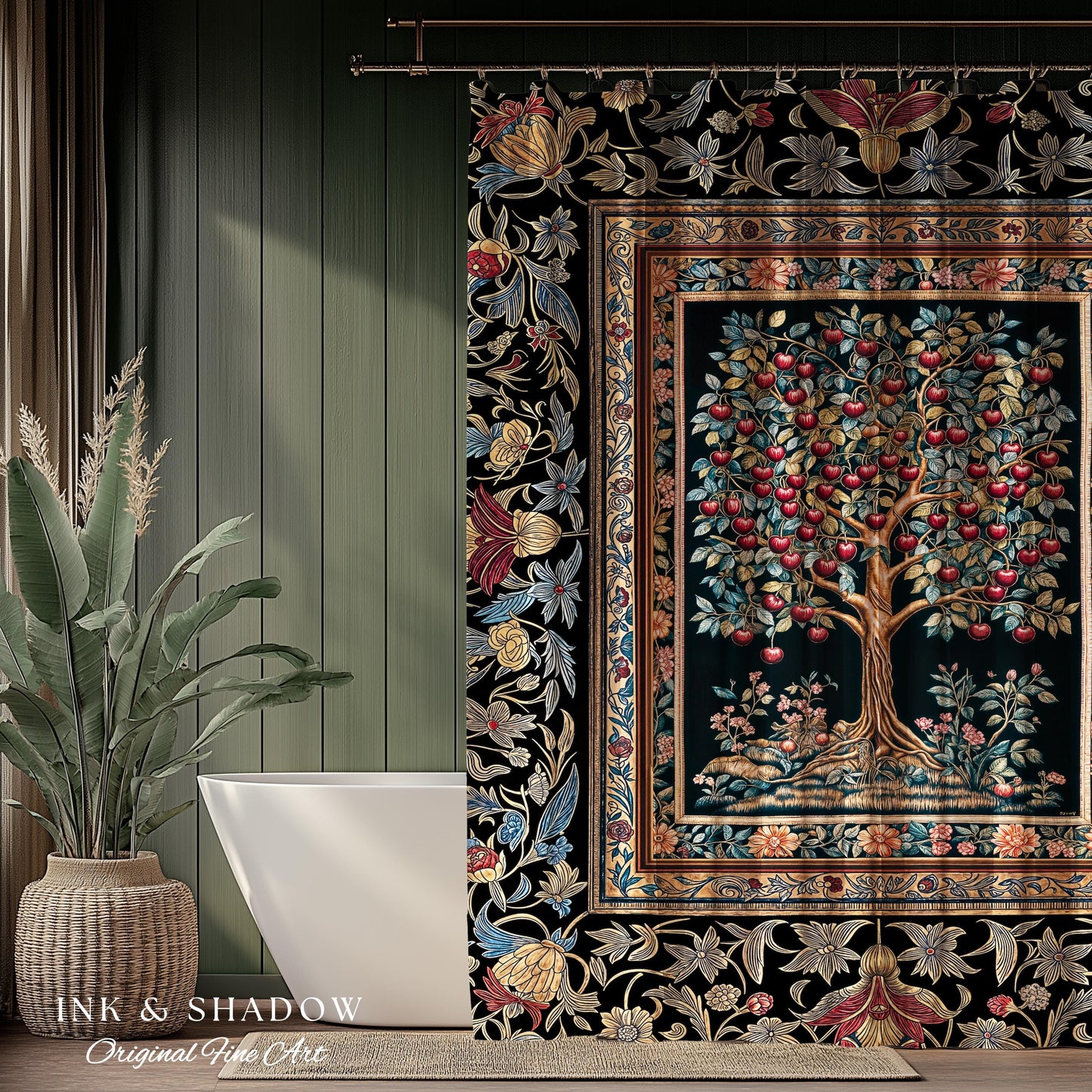 Medieval Cherry Tree of Life Shower Curtain | Baroque Botanical Pattern Romantic Gothic Style Garden Fruit Accent Maximalist Bathroom Decor