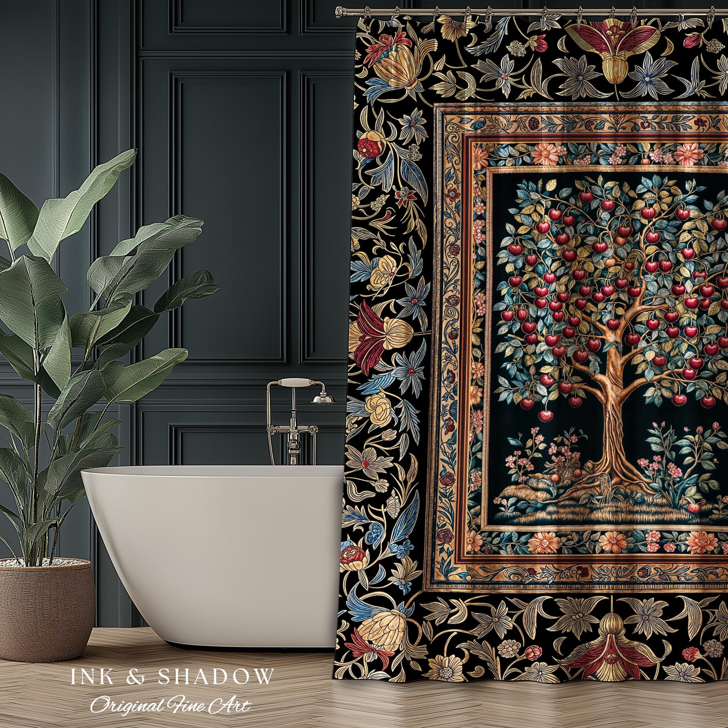 Medieval Cherry Tree of Life Shower Curtain | Baroque Botanical Pattern Romantic Gothic Style Garden Fruit Accent Maximalist Bathroom Decor