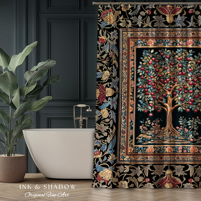 Medieval Cherry Tree of Life Shower Curtain | Baroque Botanical Pattern Romantic Gothic Style Garden Fruit Accent Maximalist Bathroom Decor