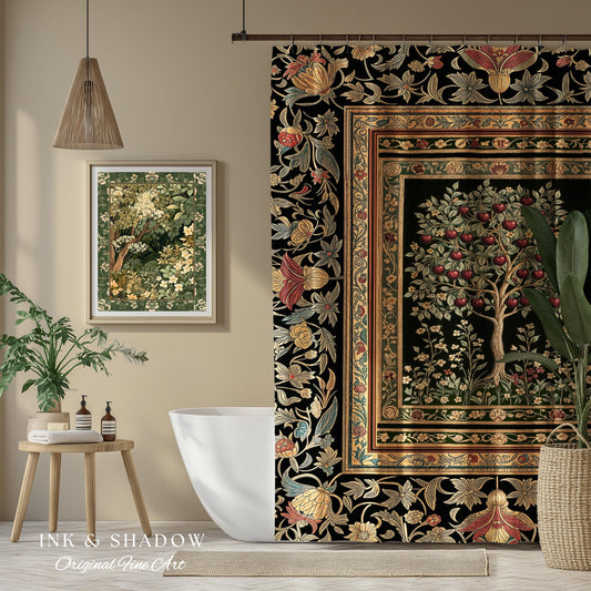 Rustic Garden Tree of Life Shower Curtain | Medieval Floral Motif Gothic Botanical Bathroom Decor Romantic Baroque Vintage Cherry Aesthetic
