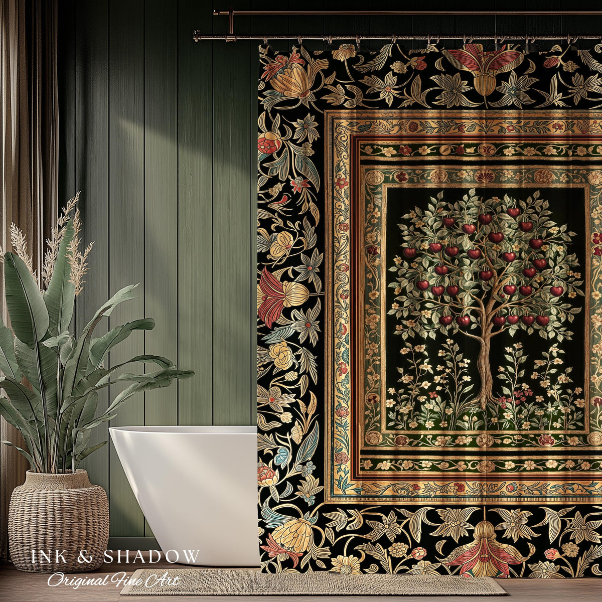 Rustic Garden Tree of Life Shower Curtain | Medieval Floral Motif Gothic Botanical Bathroom Decor Romantic Baroque Vintage Cherry Aesthetic