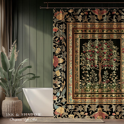 Rustic Garden Tree of Life Shower Curtain | Medieval Floral Motif Gothic Botanical Bathroom Decor Romantic Baroque Vintage Cherry Aesthetic