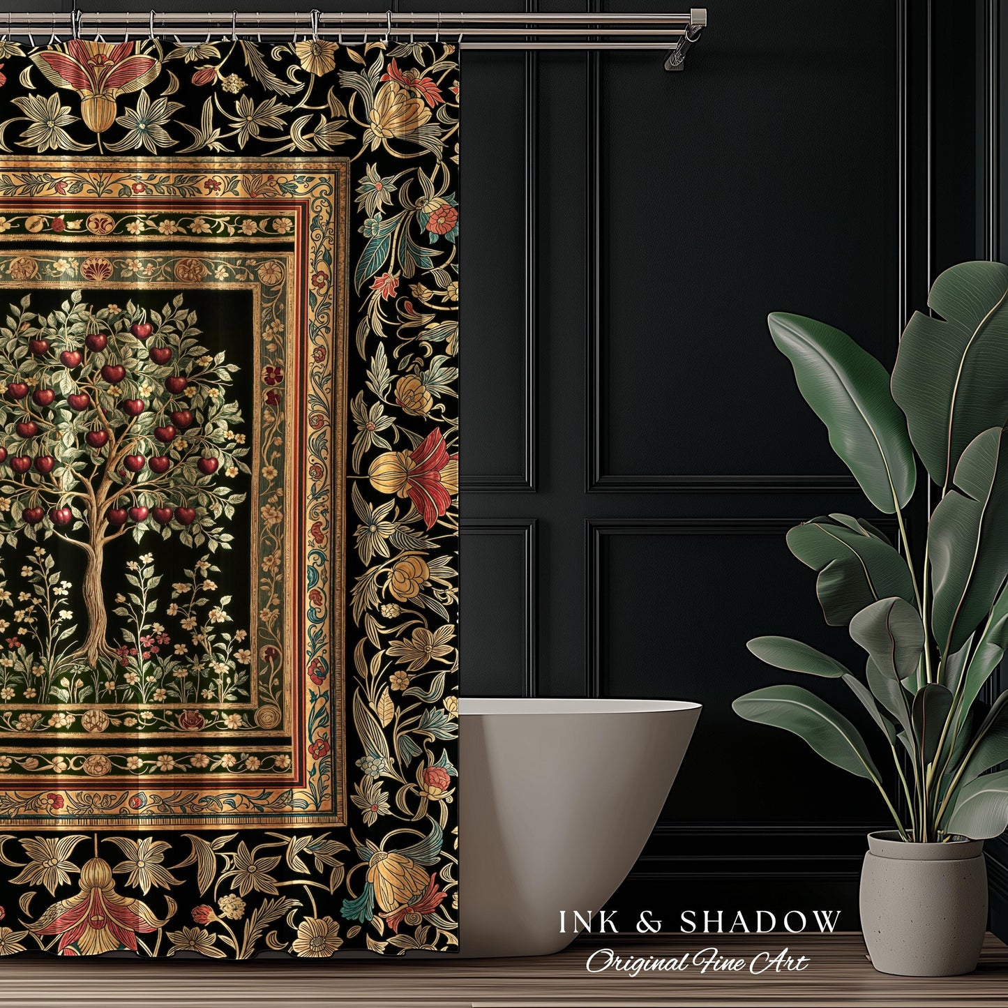 Rustic Garden Tree of Life Shower Curtain | Medieval Floral Motif Gothic Botanical Bathroom Decor Romantic Baroque Vintage Cherry Aesthetic