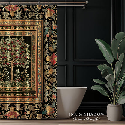 Rustic Garden Tree of Life Shower Curtain | Medieval Floral Motif Gothic Botanical Bathroom Decor Romantic Baroque Vintage Cherry Aesthetic