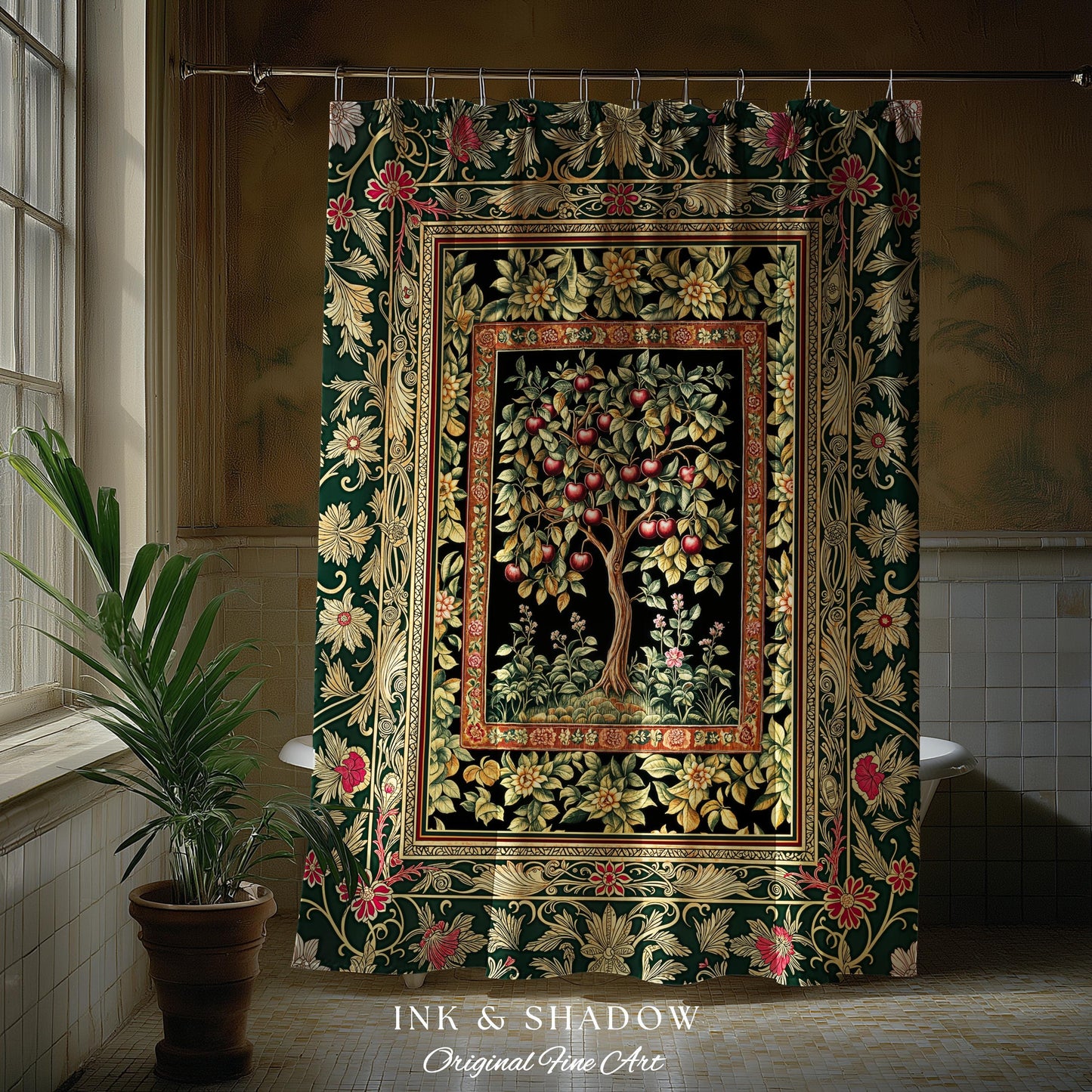 Storybook Gothic Cherry Tree Shower Curtain | Romantic Woodland Botanical Fruit Design Ornate Floral Bathroom Baroque Garden Medieval Decor