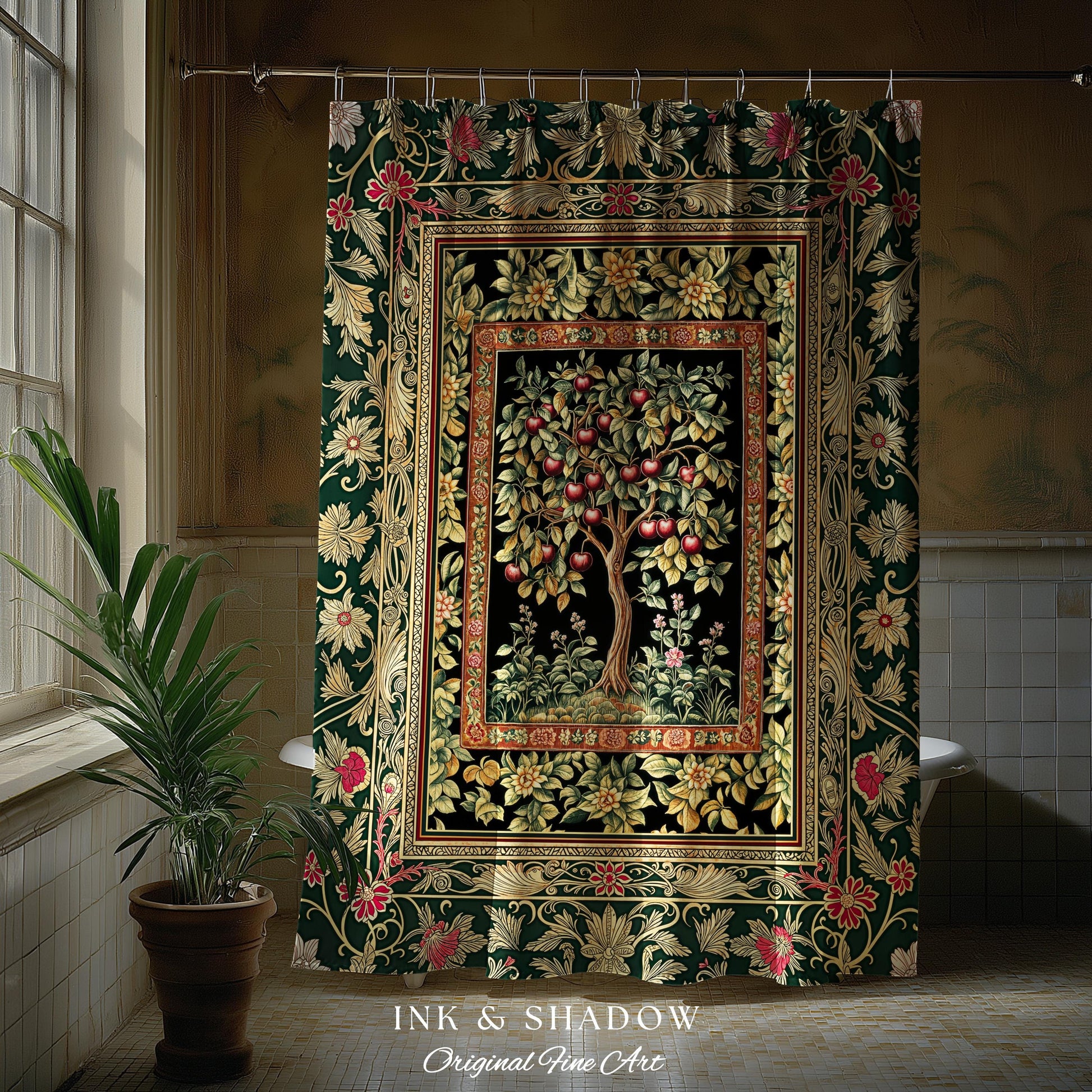 Storybook Gothic Cherry Tree Shower Curtain | Romantic Woodland Botanical Fruit Design Ornate Floral Bathroom Baroque Garden Medieval Decor