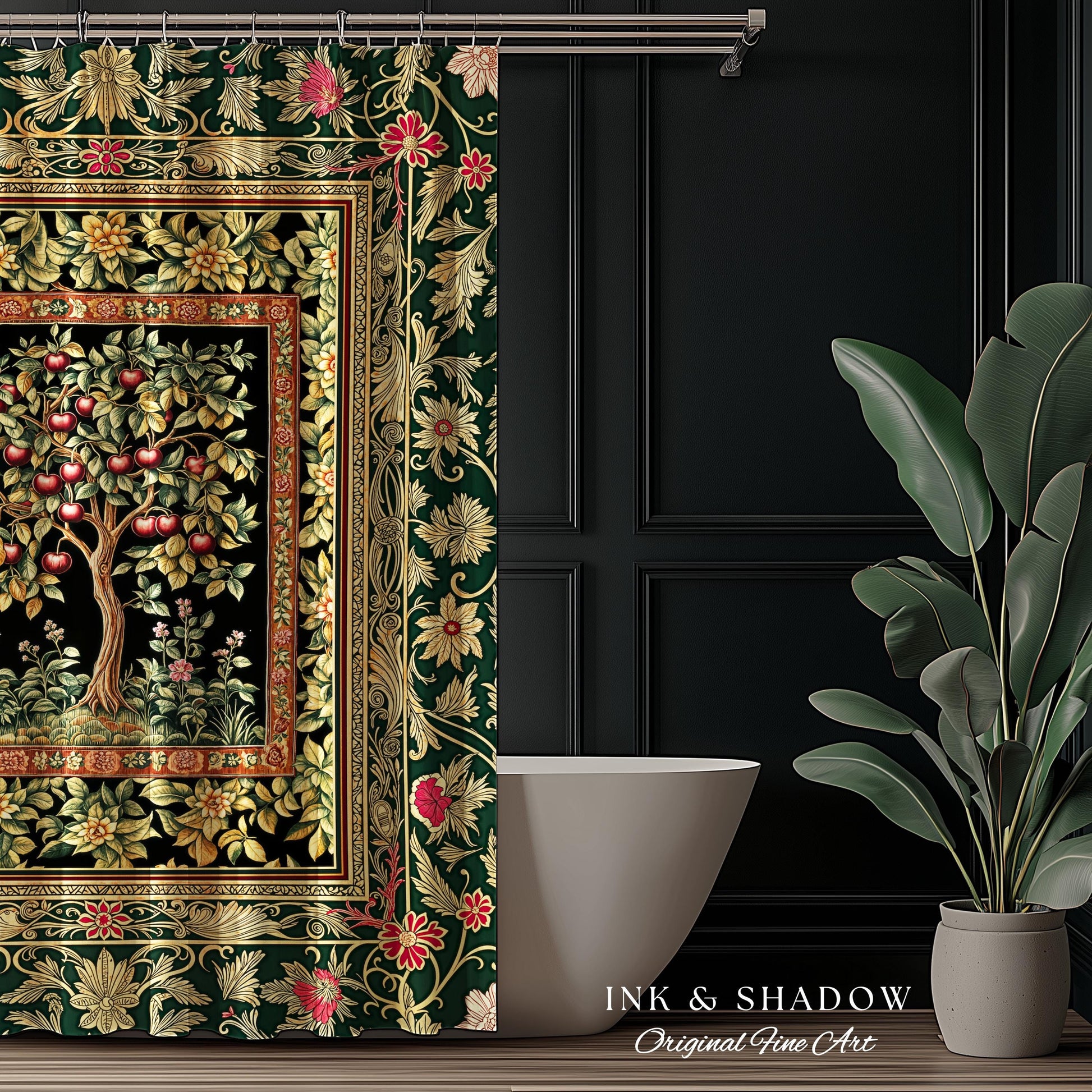 Storybook Gothic Cherry Tree Shower Curtain | Romantic Woodland Botanical Fruit Design Ornate Floral Bathroom Baroque Garden Medieval Decor