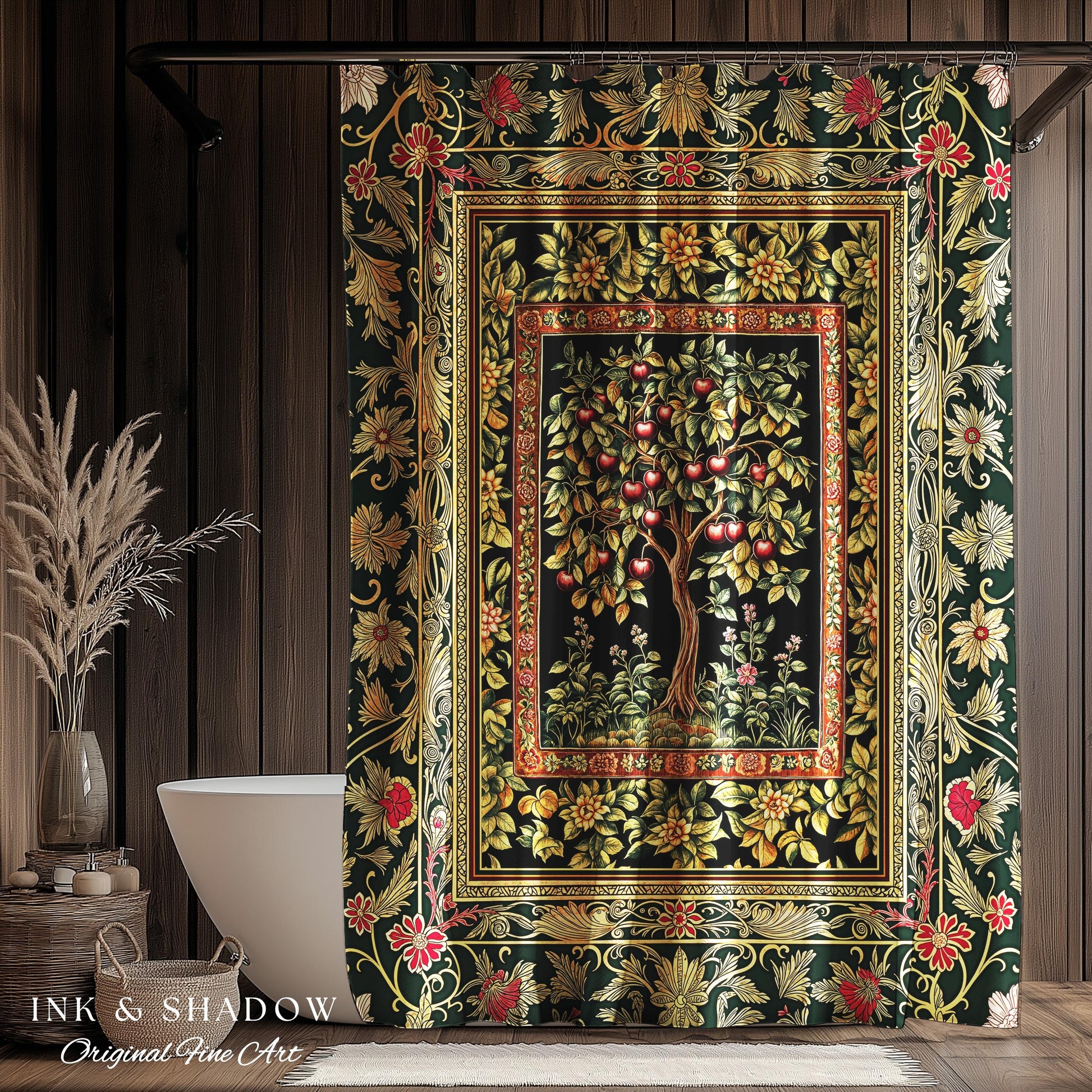 Storybook Gothic Cherry Tree Shower Curtain | Romantic Woodland Botanical Fruit Design Ornate Floral Bathroom Baroque Garden Medieval Decor