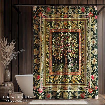 Storybook Gothic Cherry Tree Shower Curtain | Romantic Woodland Botanical Fruit Design Ornate Floral Bathroom Baroque Garden Medieval Decor