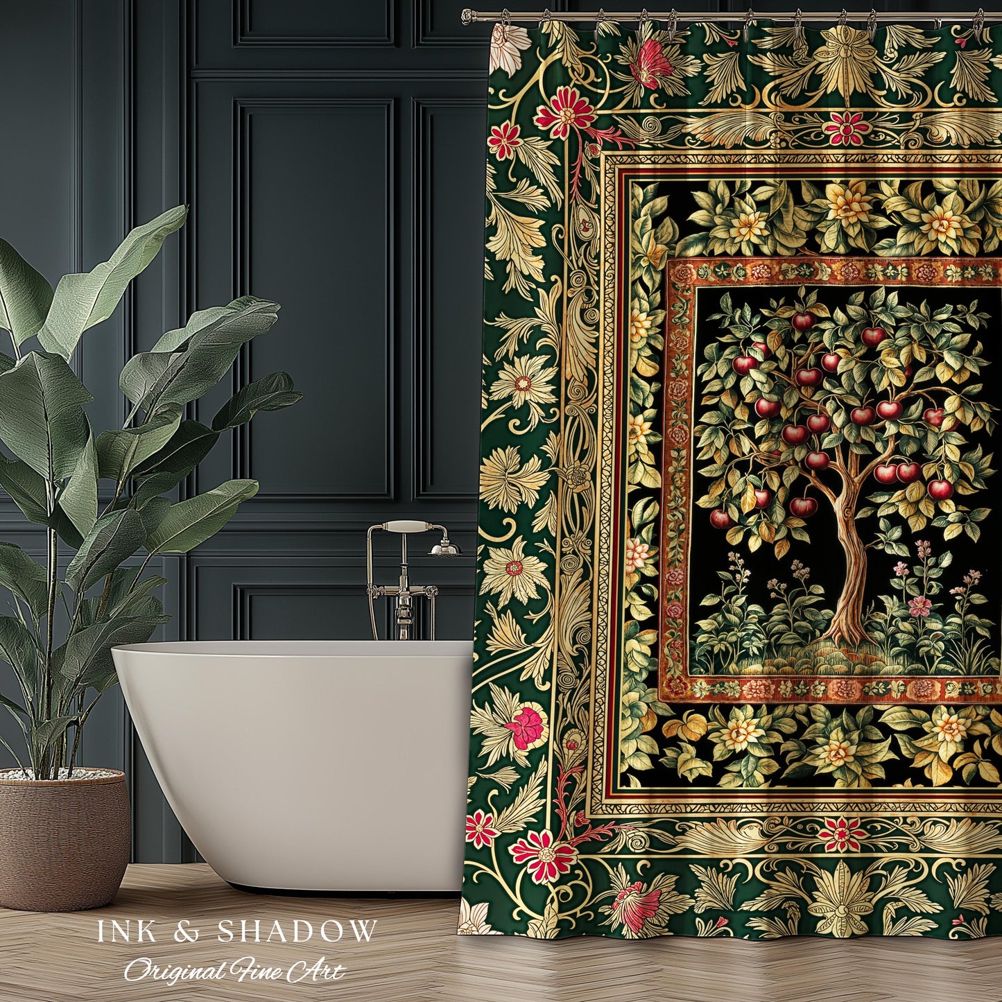 Storybook Gothic Cherry Tree Shower Curtain | Romantic Woodland Botanical Fruit Design Ornate Floral Bathroom Baroque Garden Medieval Decor