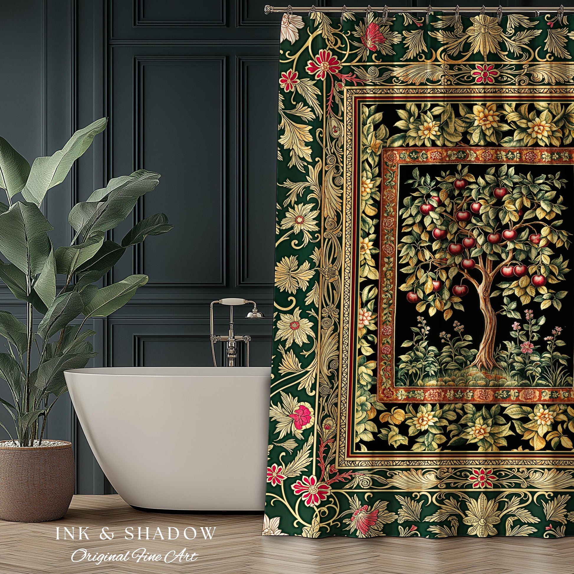 Storybook Gothic Cherry Tree Shower Curtain | Romantic Woodland Botanical Fruit Design Ornate Floral Bathroom Baroque Garden Medieval Decor