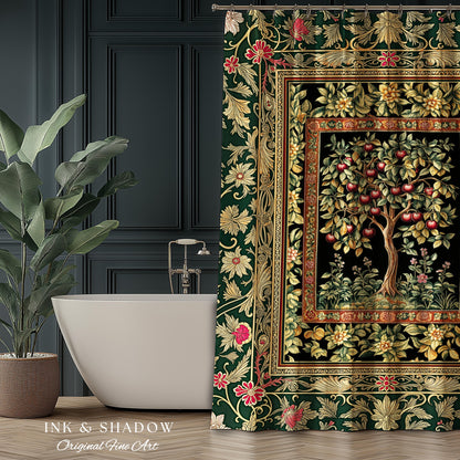 Storybook Gothic Cherry Tree Shower Curtain | Romantic Woodland Botanical Fruit Design Ornate Floral Bathroom Baroque Garden Medieval Decor