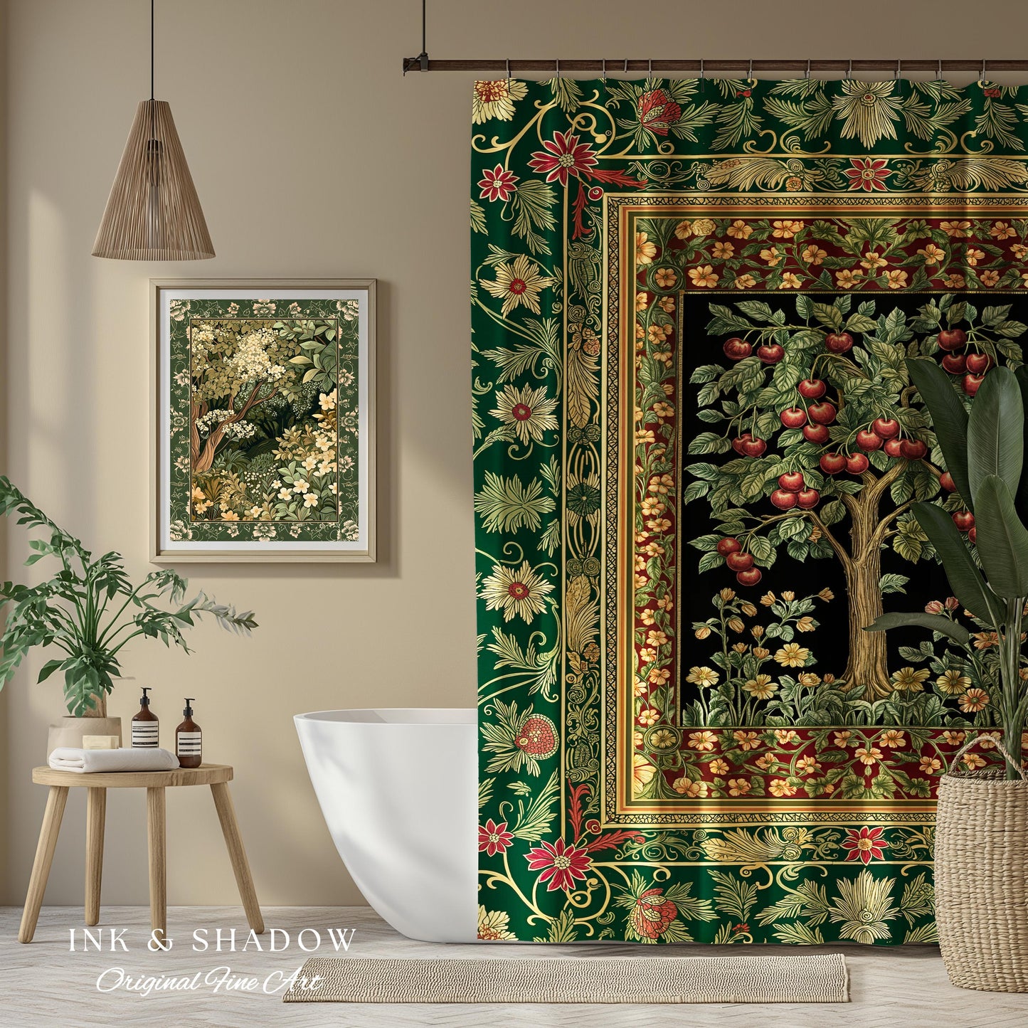 Woodland Folklore Tree of Life Shower Curtain | Romantic Botanical Decor Vintage Garden Baroque Floral Style Cottagecore Bathroom Accent