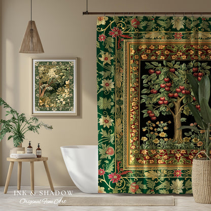 Woodland Folklore Tree of Life Shower Curtain | Romantic Botanical Decor Vintage Garden Baroque Floral Style Cottagecore Bathroom Accent