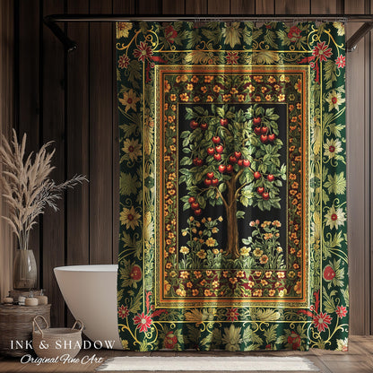 Woodland Folklore Tree of Life Shower Curtain | Romantic Botanical Decor Vintage Garden Baroque Floral Style Cottagecore Bathroom Accent