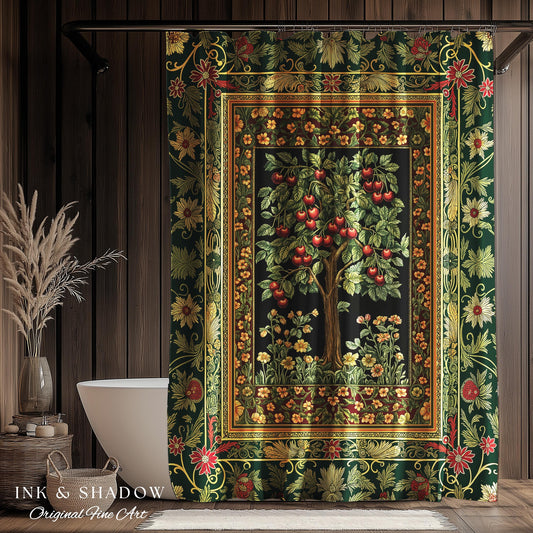 Woodland Folklore Tree of Life Shower Curtain | Romantic Botanical Decor Vintage Garden Baroque Floral Style Cottagecore Bathroom Accent