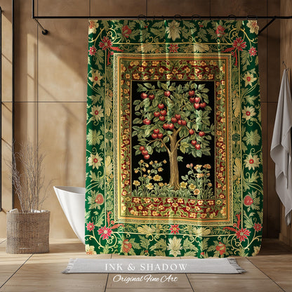 Woodland Folklore Tree of Life Shower Curtain | Romantic Botanical Decor Vintage Garden Baroque Floral Style Cottagecore Bathroom Accent