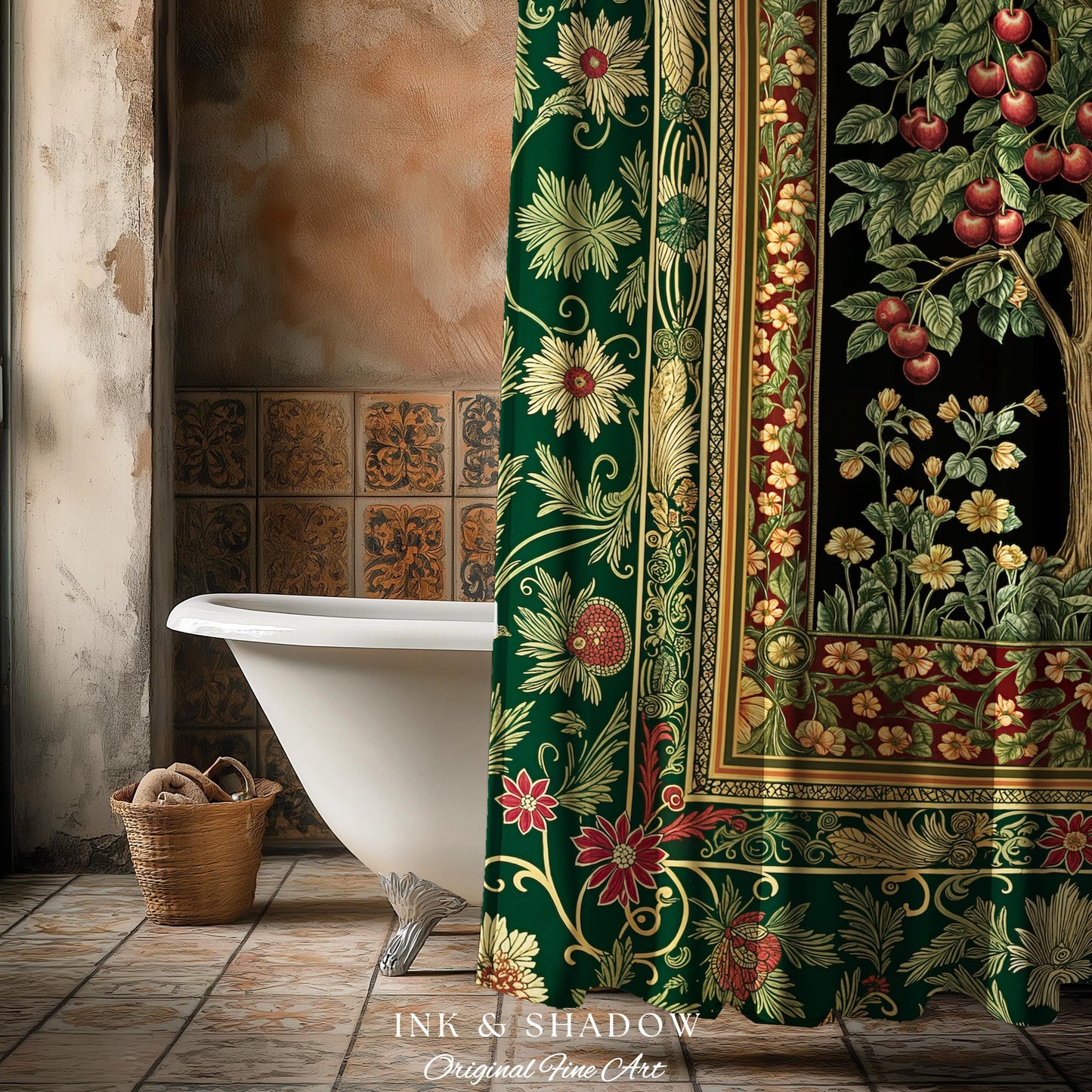 Woodland Folklore Tree of Life Shower Curtain | Romantic Botanical Decor Vintage Garden Baroque Floral Style Cottagecore Bathroom Accent