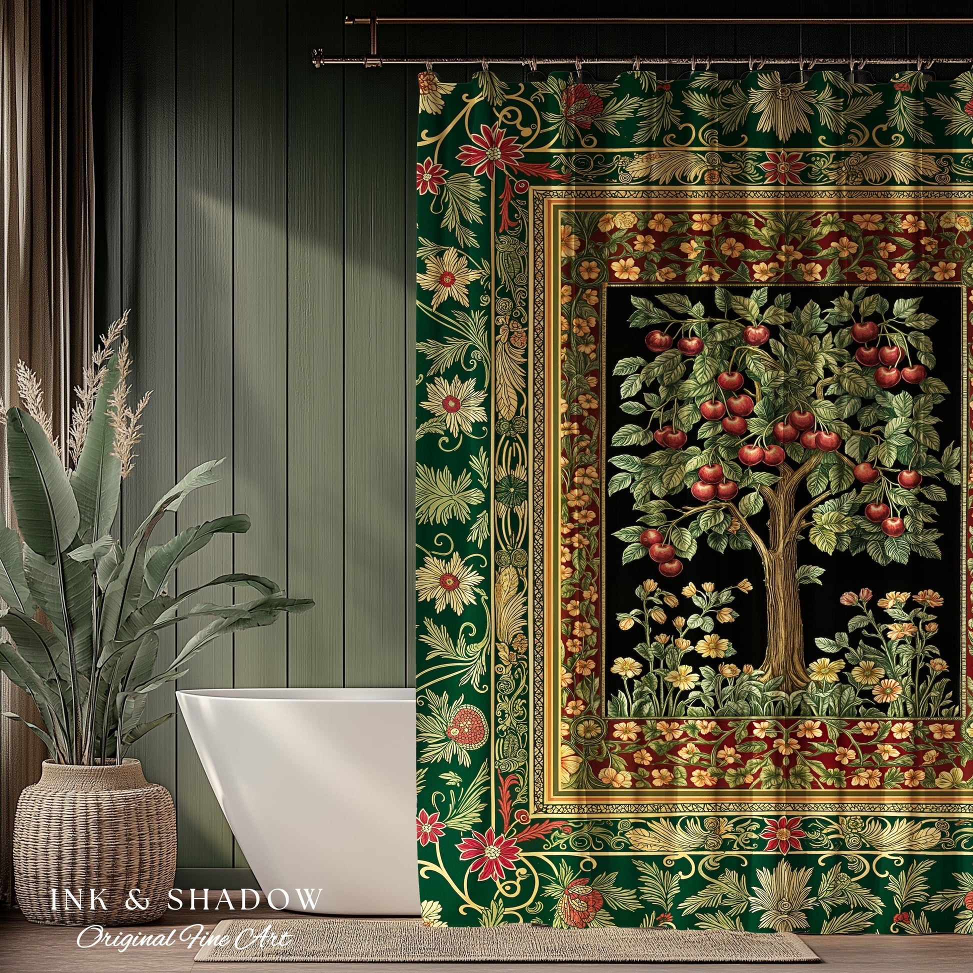 Woodland Folklore Tree of Life Shower Curtain | Romantic Botanical Decor Vintage Garden Baroque Floral Style Cottagecore Bathroom Accent