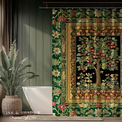 Woodland Folklore Tree of Life Shower Curtain | Romantic Botanical Decor Vintage Garden Baroque Floral Style Cottagecore Bathroom Accent