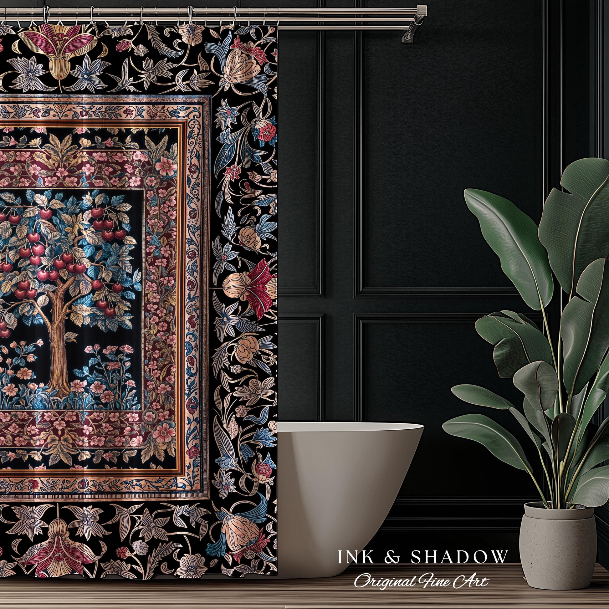 Mystical Dark Academia Tree of Life Shower Curtain | Moody Garden Jewel Tone Bathroom Decor Baroque Botanical Style Dark Cottagecore Floral