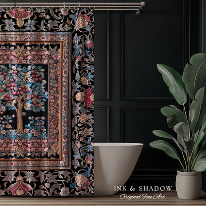 Mystical Dark Academia Tree of Life Shower Curtain | Moody Garden Jewel Tone Bathroom Decor Baroque Botanical Style Dark Cottagecore Floral