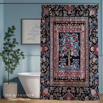 Mystical Dark Academia Tree of Life Shower Curtain | Moody Garden Jewel Tone Bathroom Decor Baroque Botanical Style Dark Cottagecore Floral